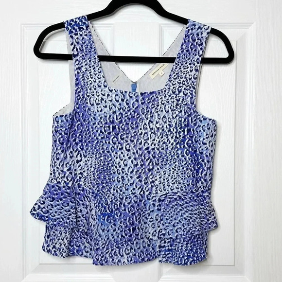 REBECCA TAYLOR Blue Crush‎ Leopard Fever Ruffle Hem 100% Silk Top Size 0 - Picture 2 of 8